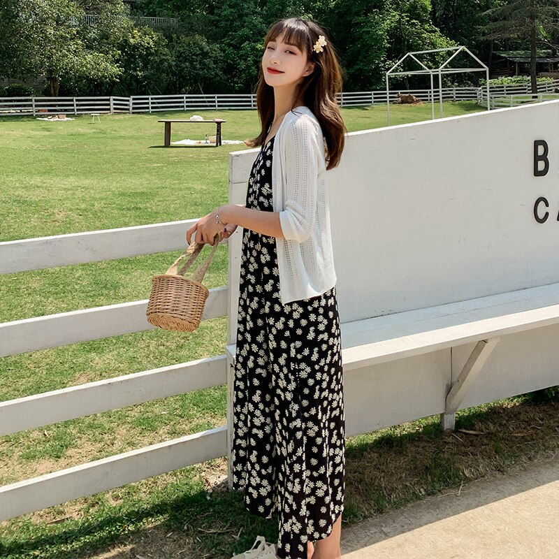 5717# Summer Maternity Nursing Sundress Floral Printed Breastfeeding Sling Dress for Pregnant Women Beach Pregnancy Cardigan Set