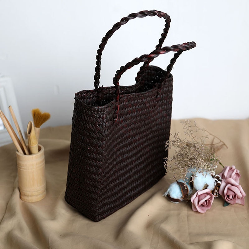 Bolso pequeño para mujer, bolso de verano , bolso de playa hecho a mano con paja, bandolera de mimbre, bolso de mano: Dark Brown