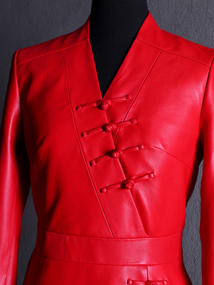Lautaro primavera autunno Extra lungo rosso nero aderente morbido cappotto in ecopelle donna con bottoni nodo cinese scollo a V abiti firmati