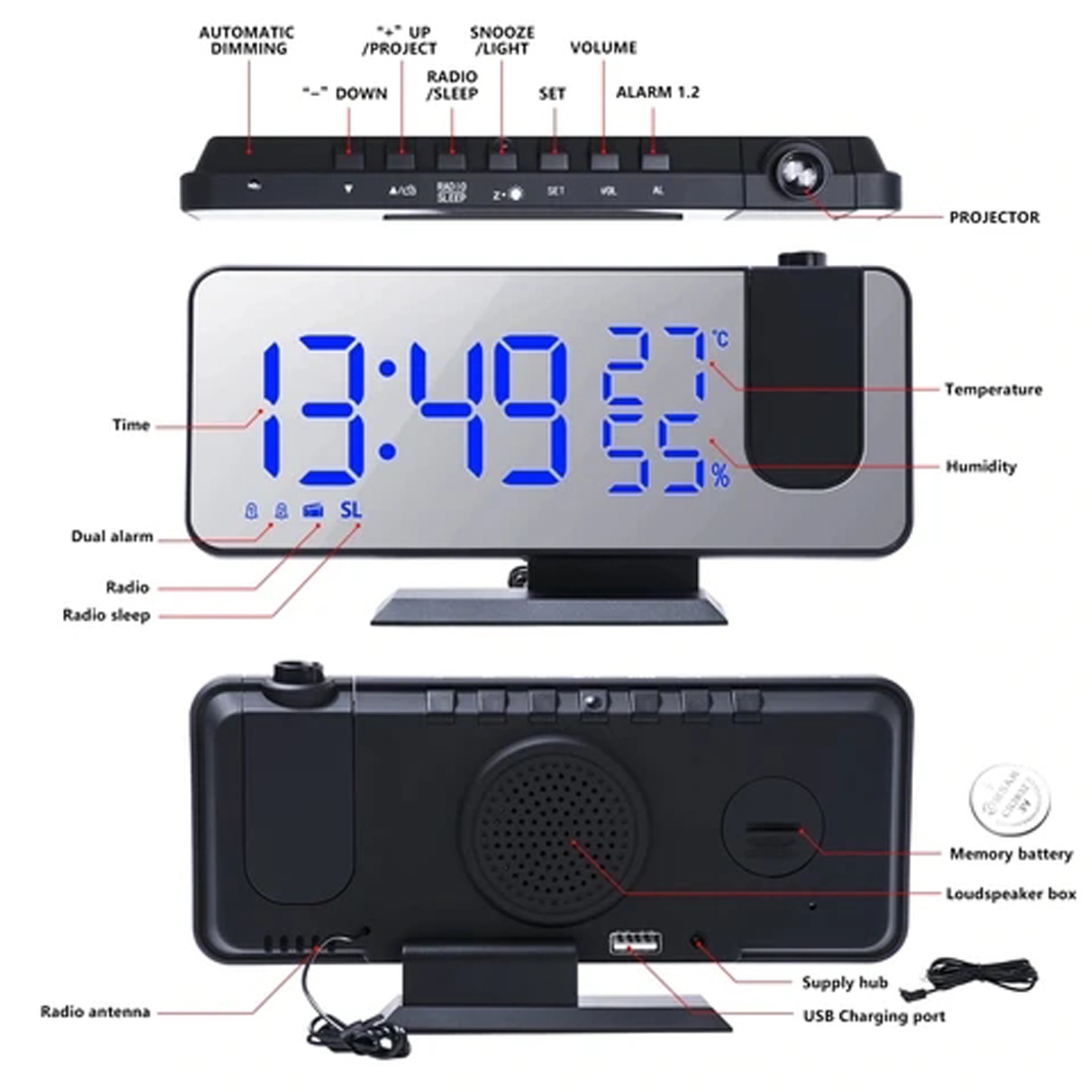 Projection Alarm Clock for Bedroom Ceiling Electronic Alarm digital radio alarm clock with USB Watch With Time Projection