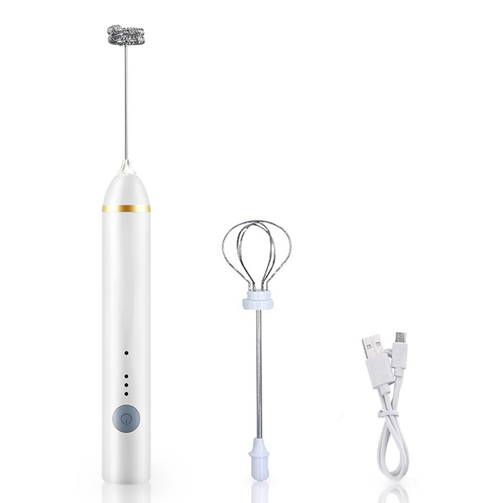 Milk Frother Electric Coffee Mixer With 2 Whisks Rechargeable Handheld Eggbeater Mix Machine Household Kitchen Egg Beater: White