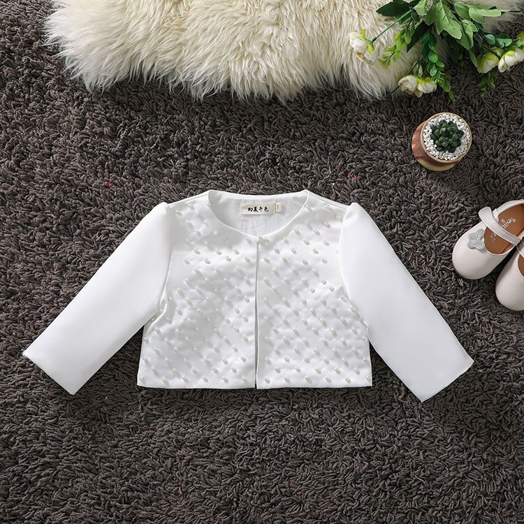 Hvid børn piger halværmet satin perler lukning bolero cardigan kort jakke til festdag bryllupsfest kappe: 150 højde 140-150cm