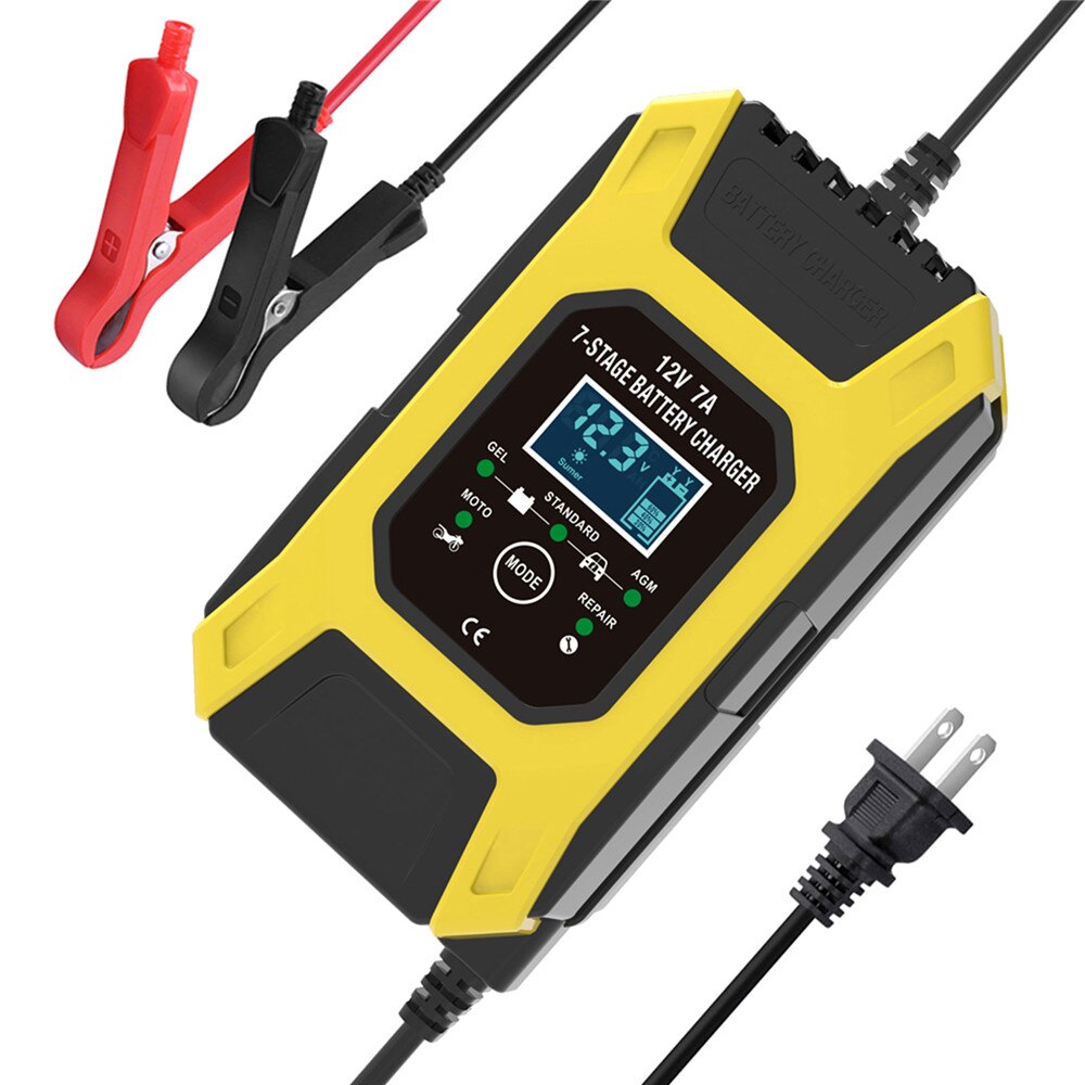 12V 7A Pulse Battery Charger Digital LCD Display Motorcycle Car Battery Charger AGM GEL WET Lead Acid Smart Fast Battery Charger: US plug