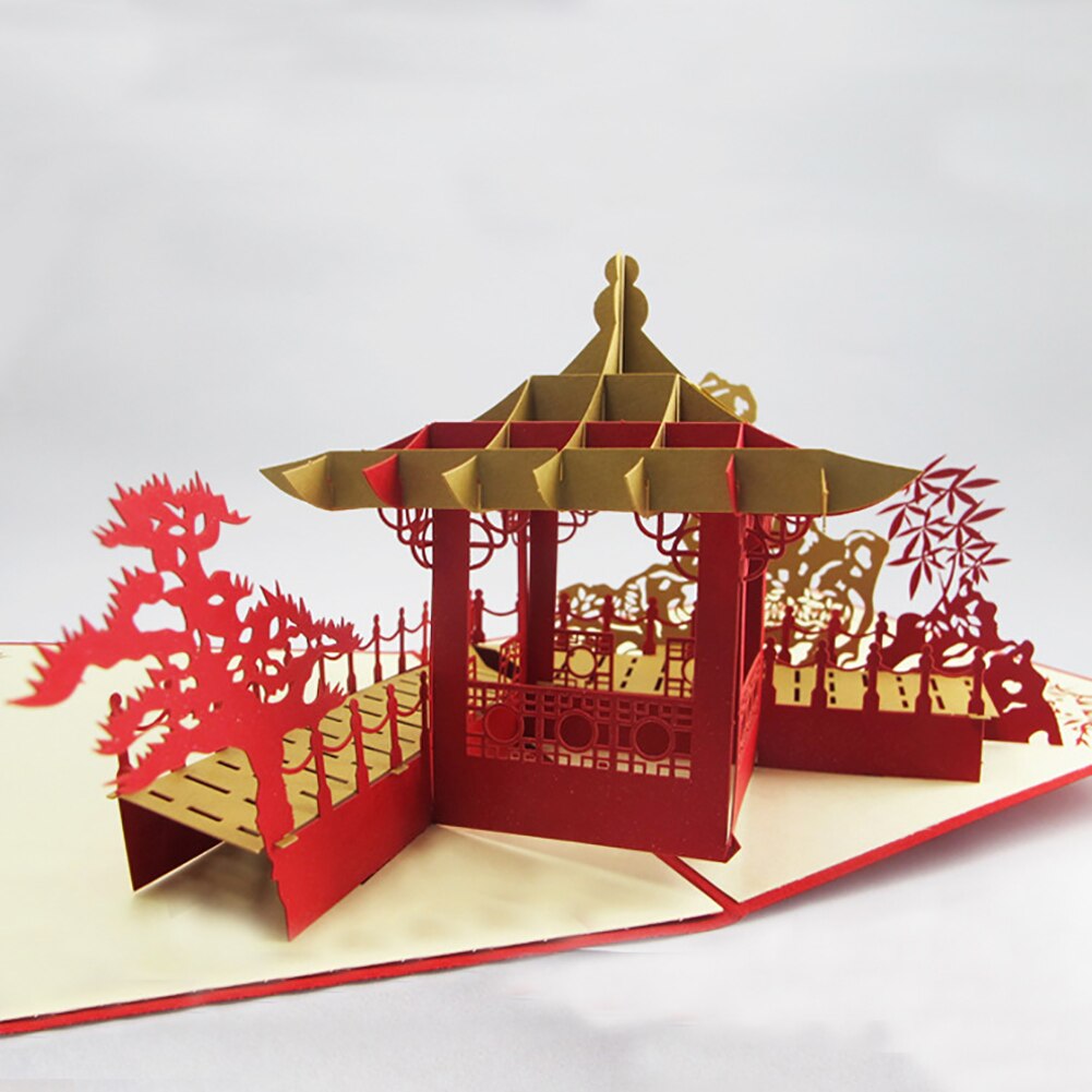 Vendite calde!!! Invito della cartolina d'auguri di pop-su del modello del padiglione del giardino della cina 3D di nuovo arrivo retrò