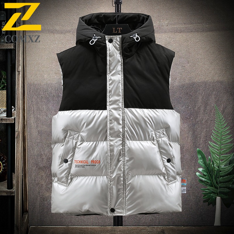 Autumn Winter Men Hooded Cotton Vest Korean Style Trend Thickened Sleeveless Coat Waterproof Windproof Suitable Camping Fishing