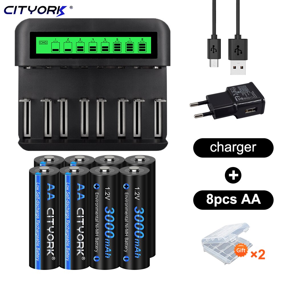CITYORK AA 1,2 V 3000 mAh nimh oplaadbare batterij aa-batterijen + batterijlader voor 1,2 V AA/AAA C/D oplaadbare batterij