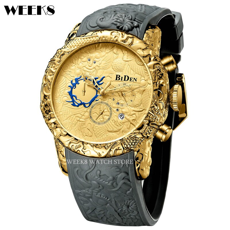 Montre de luxe en forme de Dragon noir et or pour hommes, montre à Quartz, style Hip Hop, étanche, créative: 06 with calendar