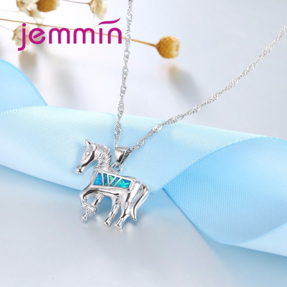 Horse Jewelry Set with Blue Fire Opal Stone Exquisite Animal Pendant Necklace & Earrings 925 Sterling Silver