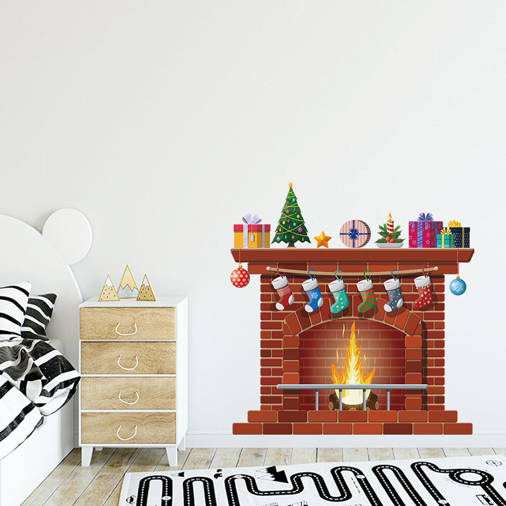 Christmas Socks Fireplace Wall Stickers Removable Window Glass Door Room Decal Self-adhesive PVC Year Home Decor