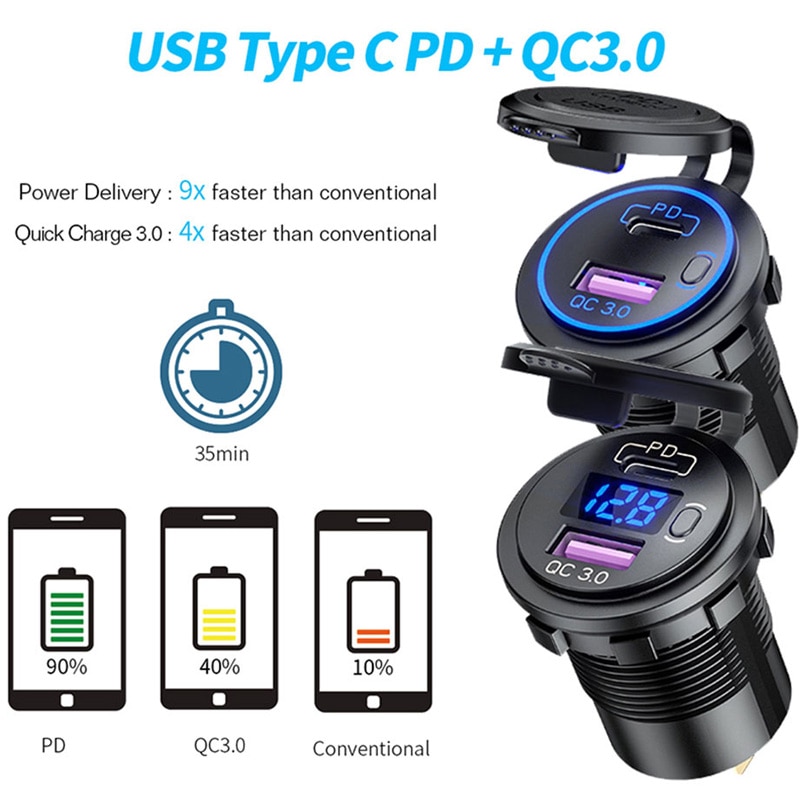 12V-24V ładowarka samochodowa USB QC3.0 5V 3A USB automatyczny gniazdo szybkie ładowanie PD Port zapalniczki wodoodporna 12V ładowarka accesori