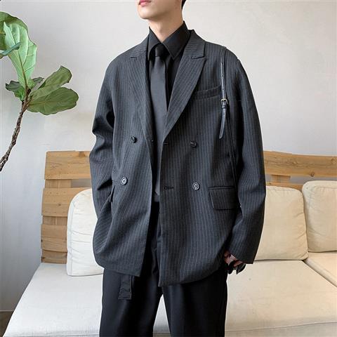 Autumn Vintage Stripe Casual Oversize Suit-tops for Male Loose Trend Handsome Blazers Men Business Simple All-match: H36-gray / M