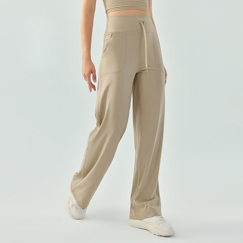 Frauen Hohe Taille Kordelzug Yoga Hosen Lose Breite Bein Einfarbig Fitness Laufen Sport Hosen frau kleidung: XL / Kakifarbig