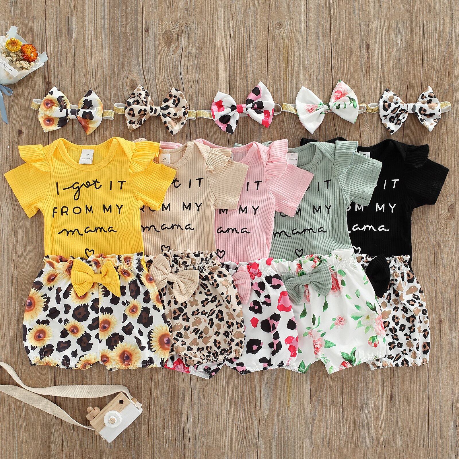 Ensemble de vêtements d'été pour bébés filles de 0 à 18M, barboteuse à manches courtes + Short imprimé léopard/tournesol, I GOT IT FROM MY MAMA, 3 pièces, 2022