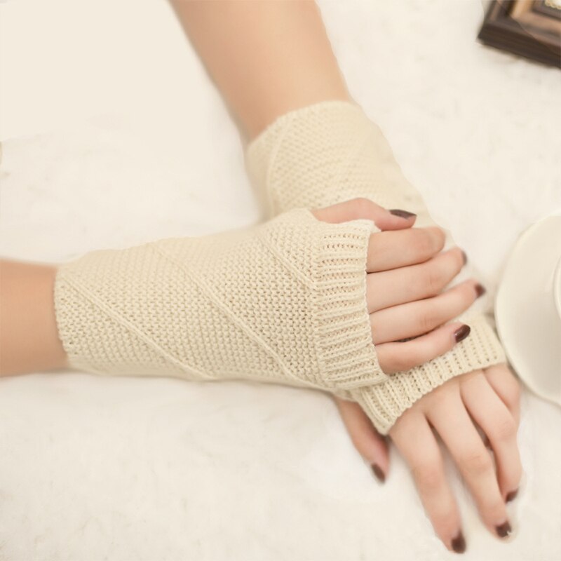 Femme mignon couleur unie gants doux au Crochet à tricoter épais hiver gants sans doigts demi doigt facile à taper gants extensibles: Beige
