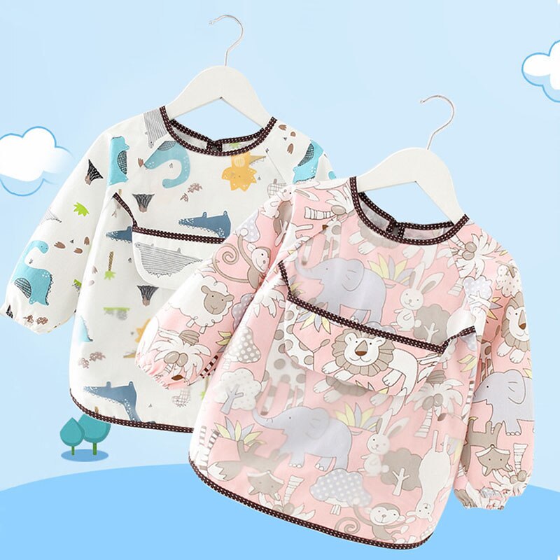 Cute Cartoon Baby Bibs Waterproof Infant Eating Long Sleeve Apron Children Drawing Art Smock Burp Cloth with Pocket