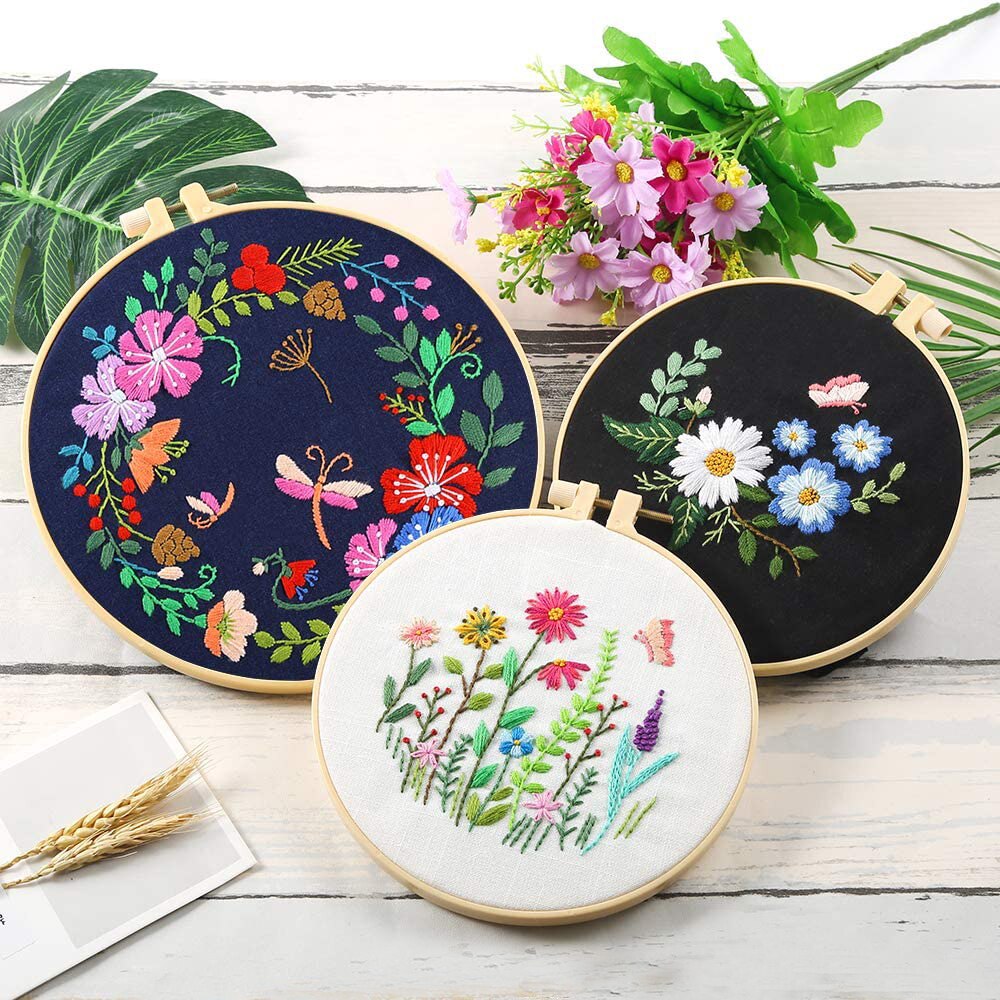 Starter Kit Embroidery Hoop Kit Sewing Craft Kit Needlework Tools Round Printed Flowers Plants Pattern Diy Handwork Threads Tool