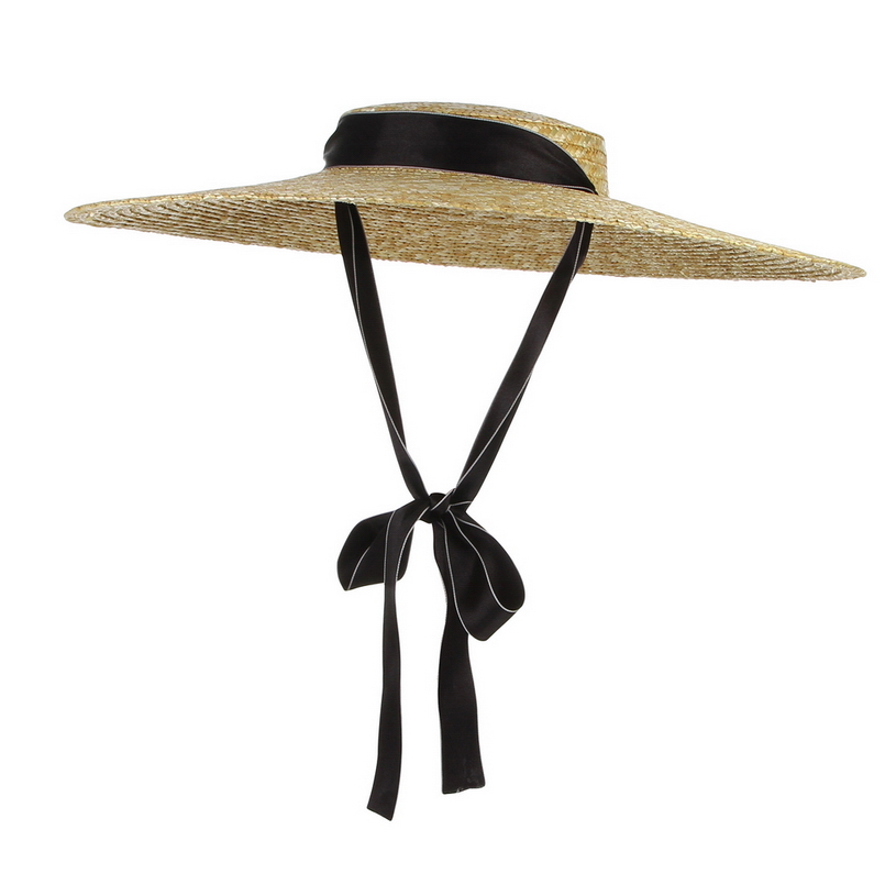 Gemvie stråhat med stor skygge sommerhatte til kvinder bånd strandkasket boater flad top solhat: Hvid sort / 13cm rande