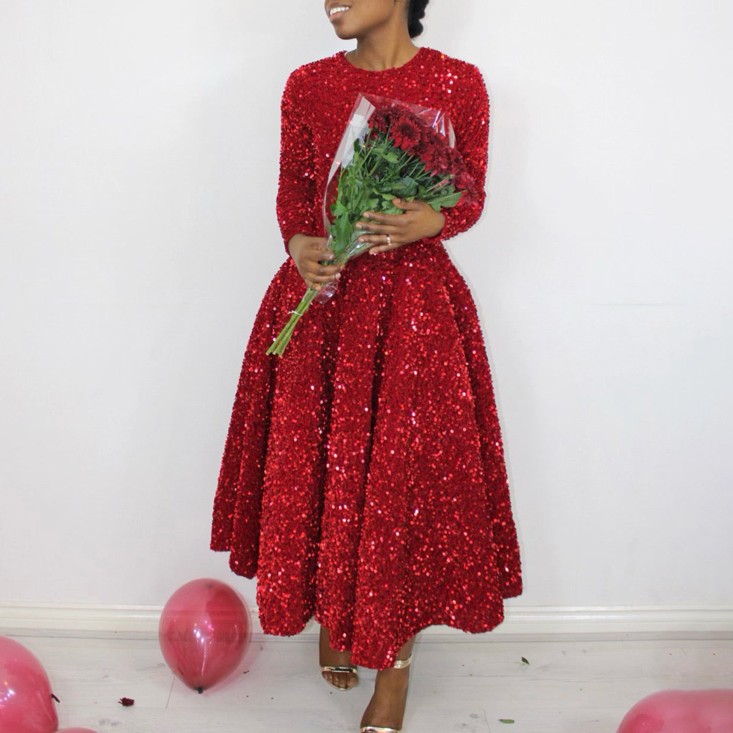 Vestido plisado de terciopelo con lentejuelas para mujer, traje Vintage de manga larga con purpurina para de Navidad y eventos de cumpleaños, novedad de invierno, 2024: L / Rojo