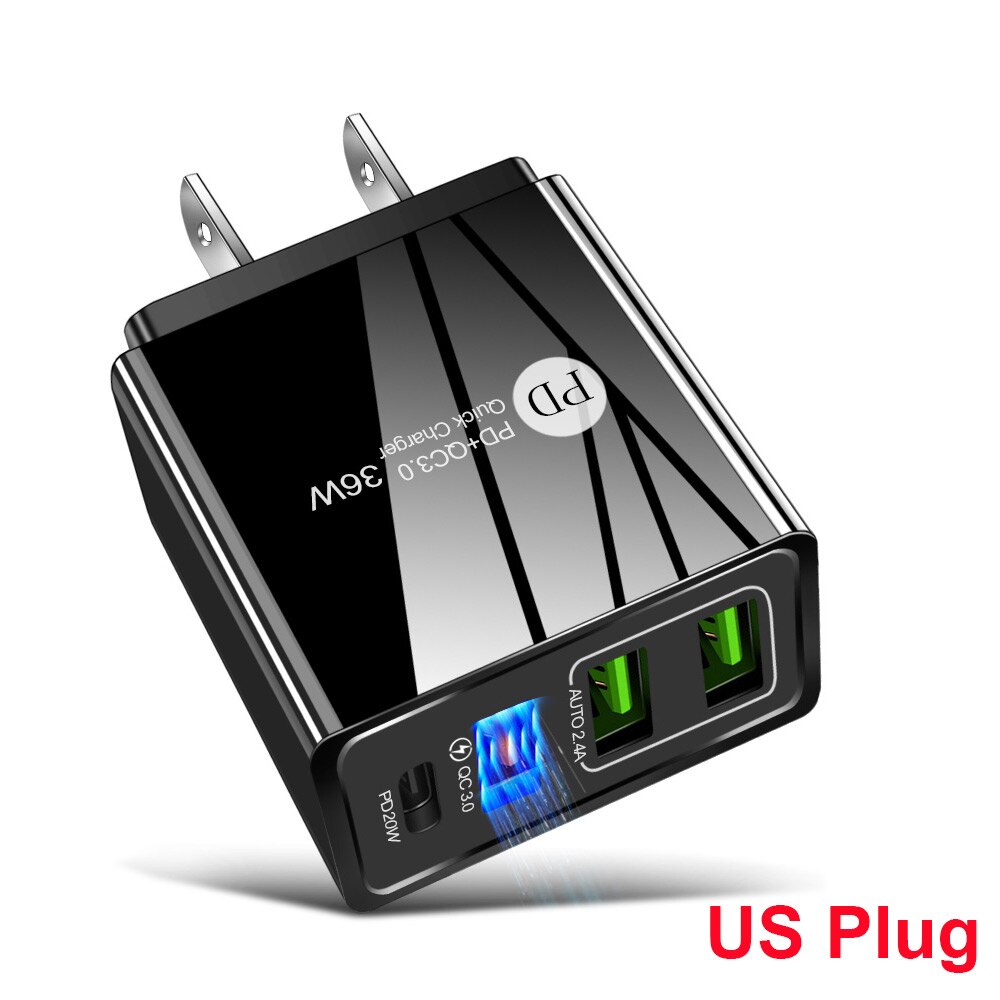 Floveme 36W Usb Charger Quick Charge 3.0 Type C Pd 20W Snelle Opladen Lader Voor Iphone 12 Samsung xiaomi Mobiele Telefoon Oplader: US Plug Black