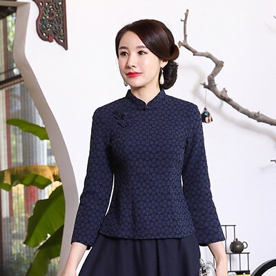 Chinese Style Long Sleeve Cotton Blouse Navy Blue Chinese Shirts Retro Qiapo Tops Female Classic Chinese Clothes: navy blue blouse / M