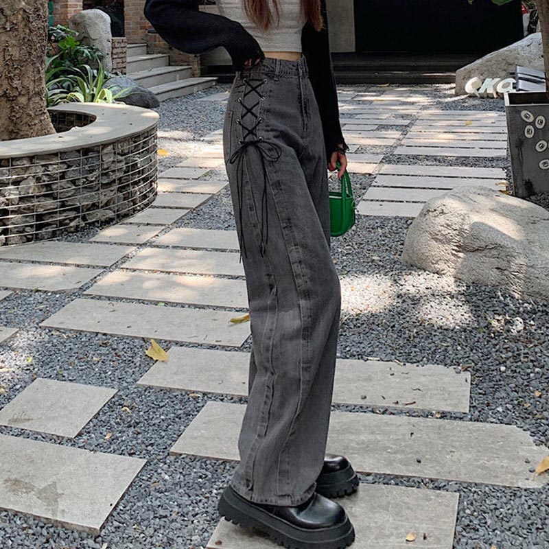 Jean gothique taille haute pour femme, pantalon en Denim, à jambes larges, à lacets sur le côté, Harajuku Y2K, Streetwear, droit