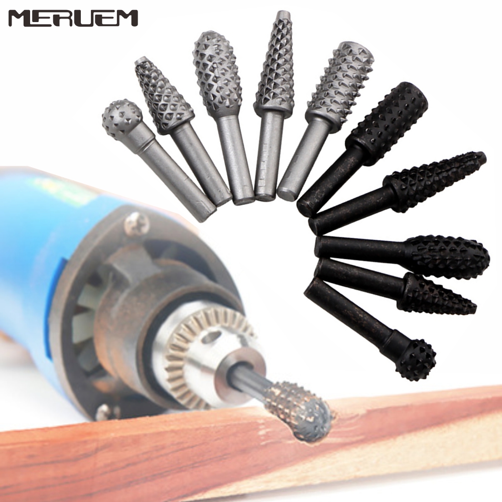 5pcs/6ps Steel Rotary Rasp File Set 6mm Shank Rotor Craft Files Woodworking Drill Bits Round Shank Rotary Burr Set