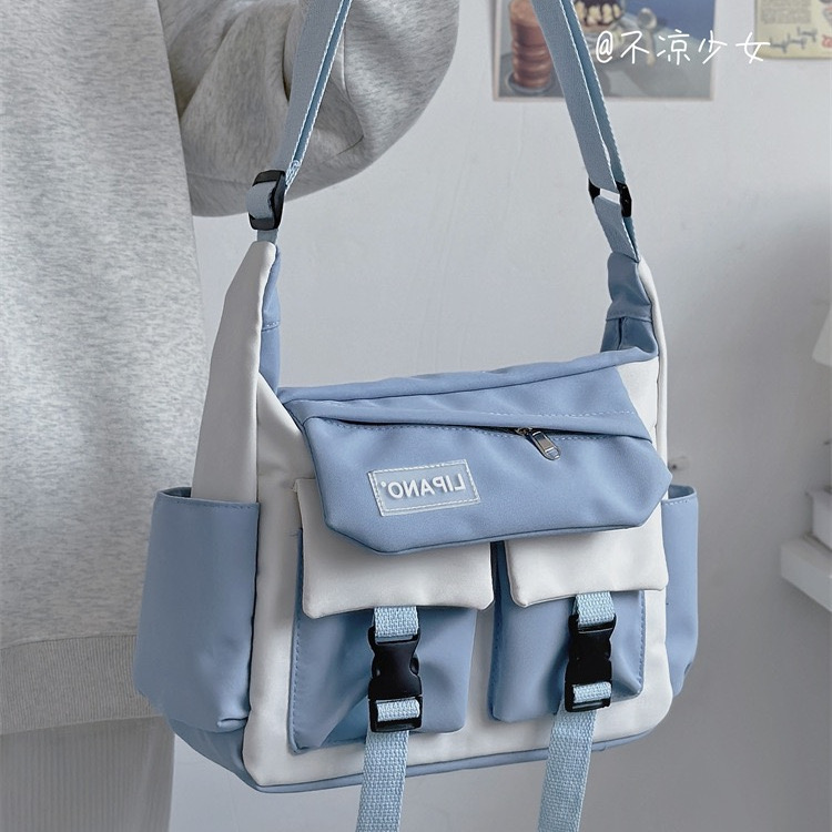 Collage-bolsas escolares para estudiantes para mujeres y hombres, bolsos cruzados de nailon con múltiples bolsillos, Bolso de mensajero para libros, verano: M / Beige