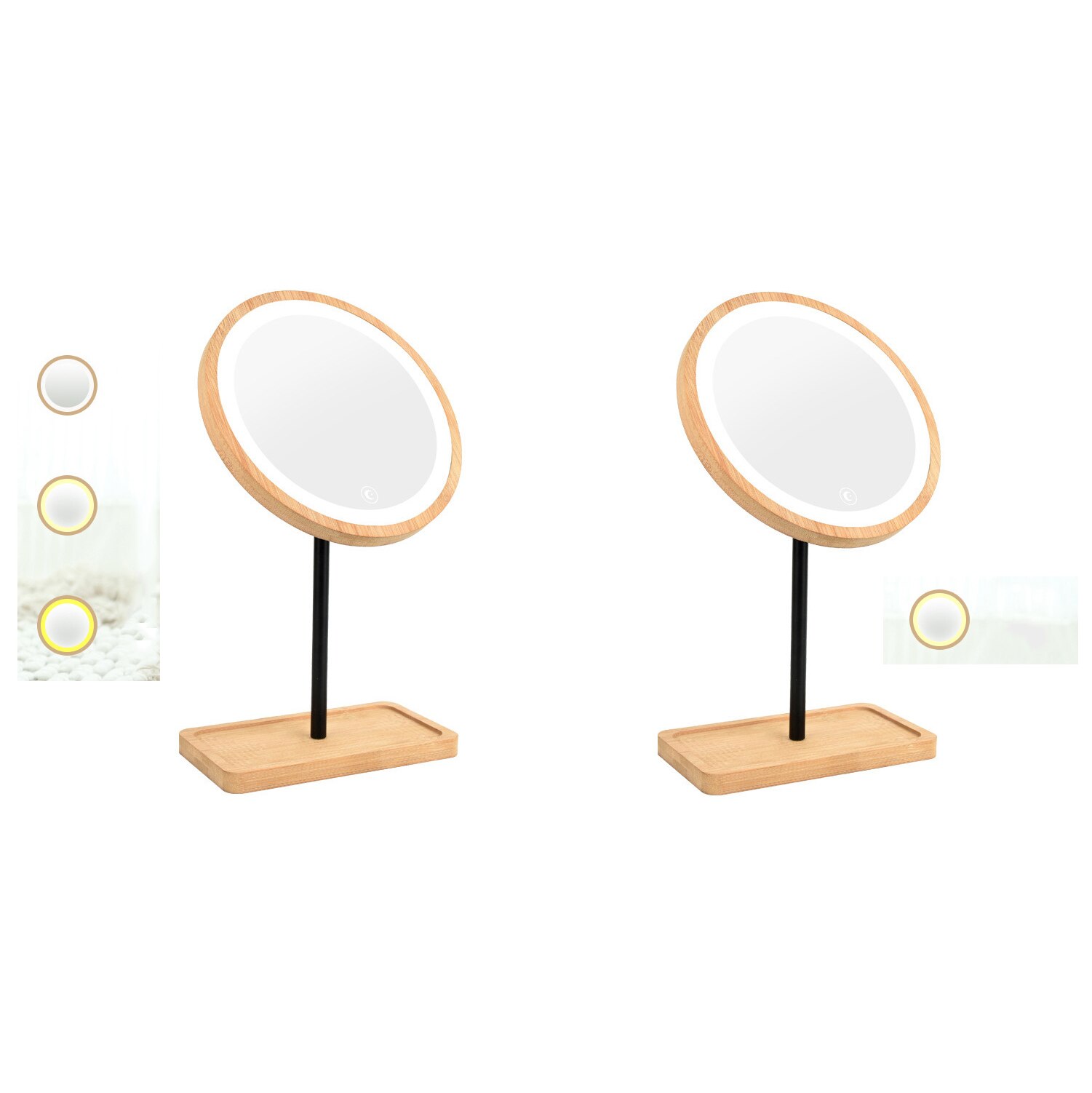 Wooden Desktop LED Makeup Mirror USB Charging Adjustable Bright Diffused 360 Rotation Light Up Mirror