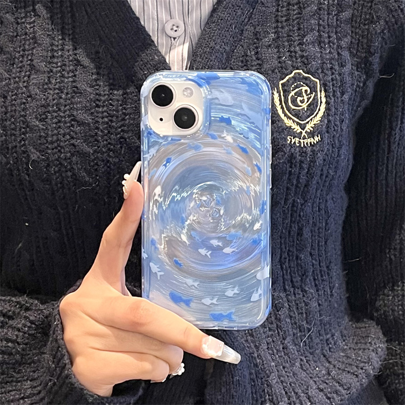 Bonita funda de teléfono para Apple iPhone 16 Pro 14 15 13 Pro Max, funda trasera con colgante de silicona Kawaii Ripple Vortex Fish, fundas 15Pro: EVA / Beige