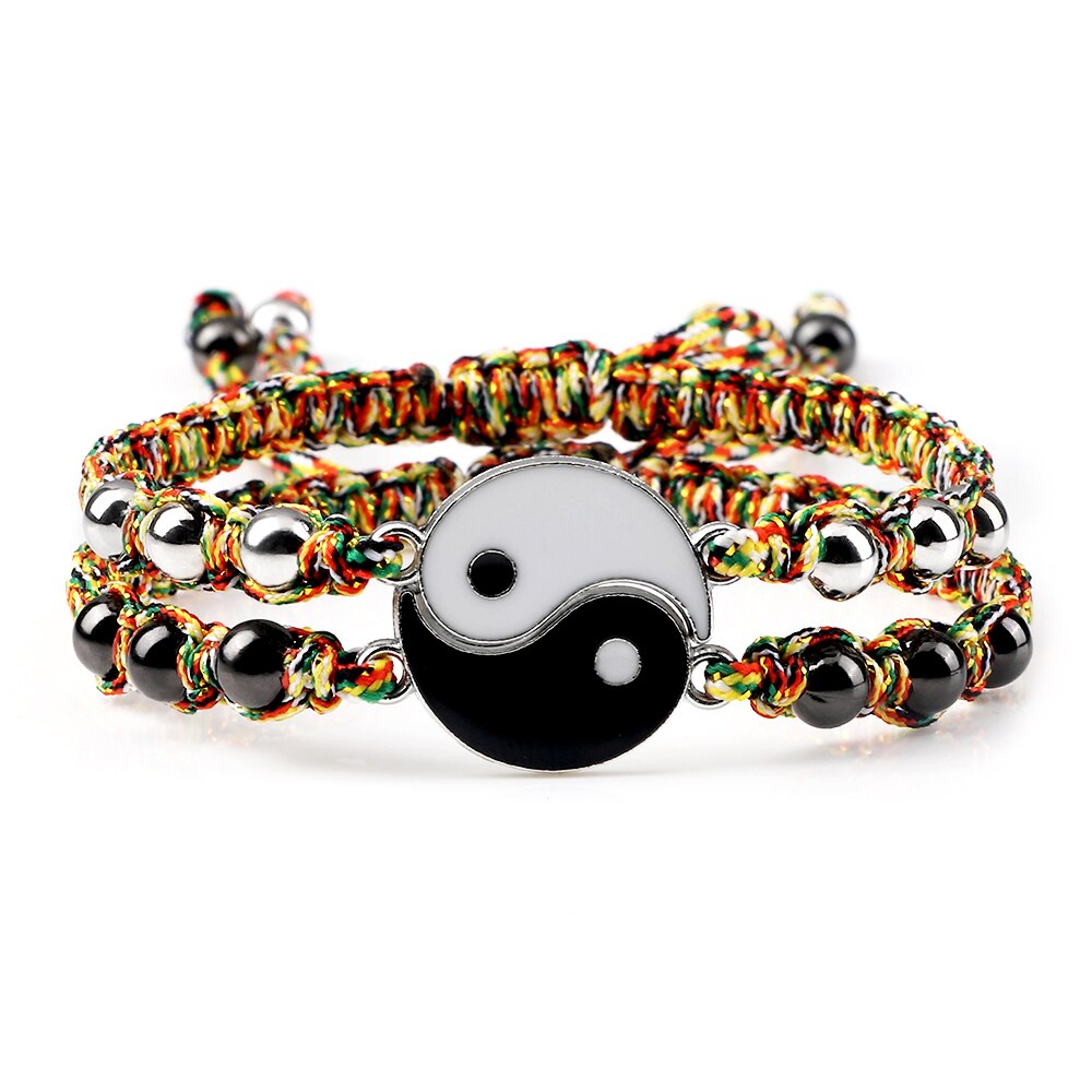 2 unids/set de pulsera trenzada Yin Yang Tai Chi, abalorio negro y blanco, pulseras ajustables a juego para parejas y joyería para amantes de la distancia Blangle: Multicolor