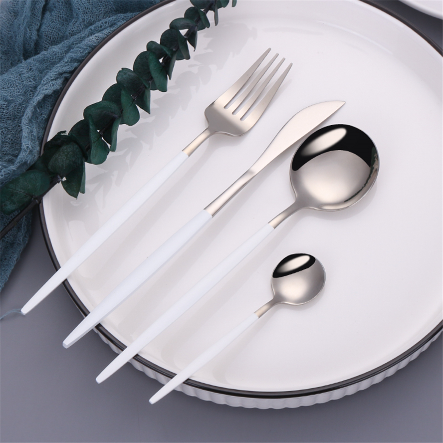 4Pcs/set white silver Cutlery Set 18/10 Stainless Steel Dinnerware Silverware Flatware Set Dinner Knife Fork Spoon