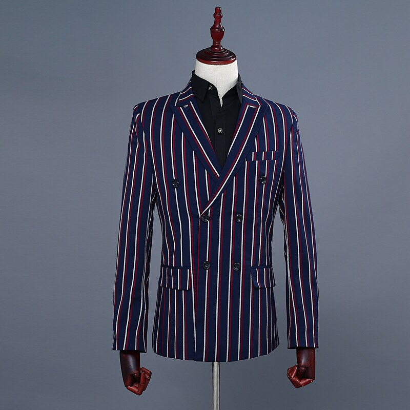 Color double stripes double-breasted lapel business suit social banquet men's casual suit set 2-piece suit (coat+pant): M