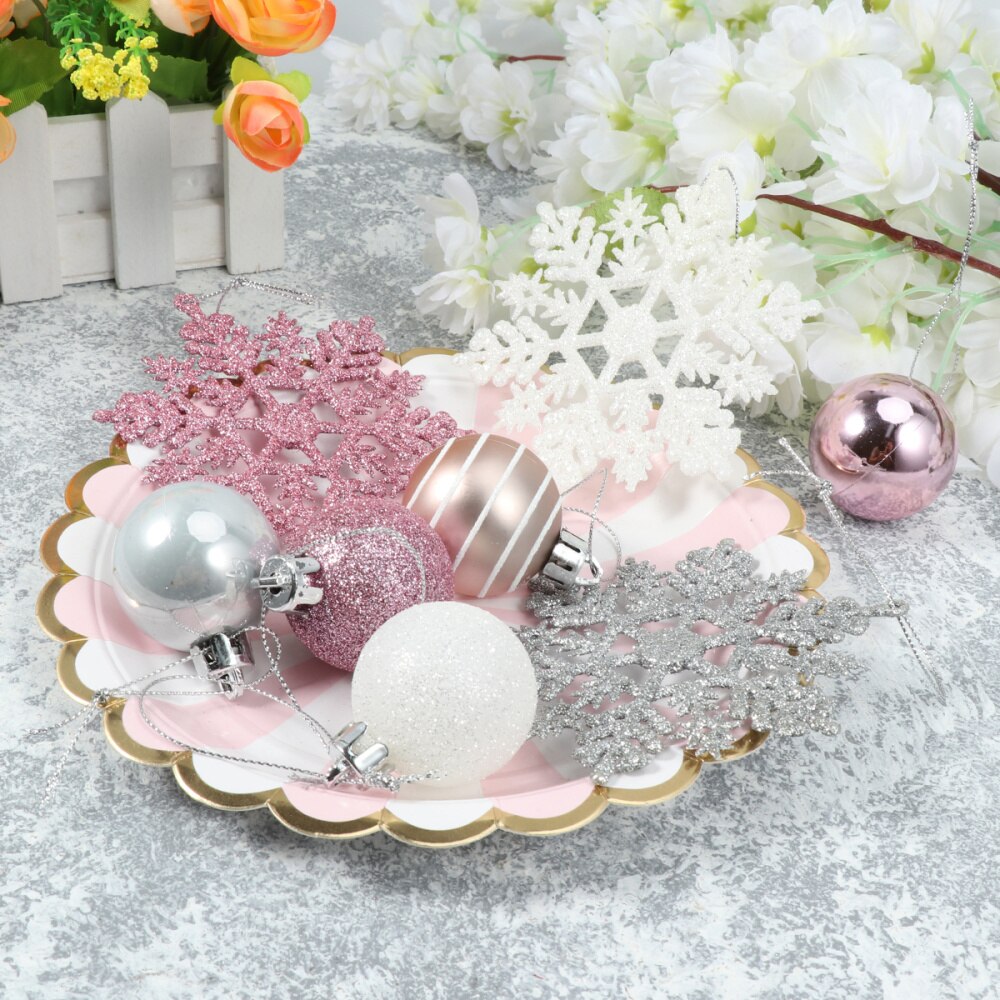 24Pcs Zilver Roze Sneeuwvlok Vormige Set Kerstversiering Bal Sneeuwvlok Hanger Set Sneeuwvlok Ornament: Default Title