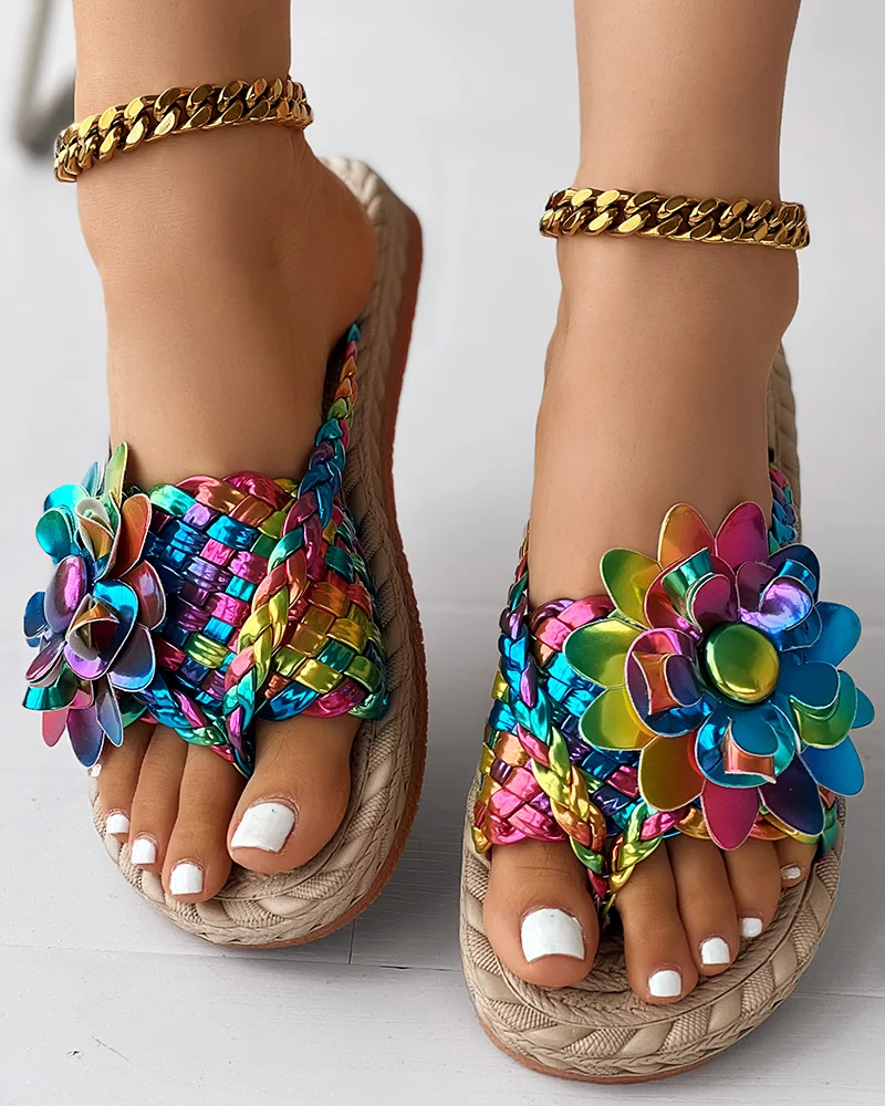 Frauen lässig Schuhe Flache Holographische Geflochtene Blumenmuster Zehen Post Strand kippen-Flops