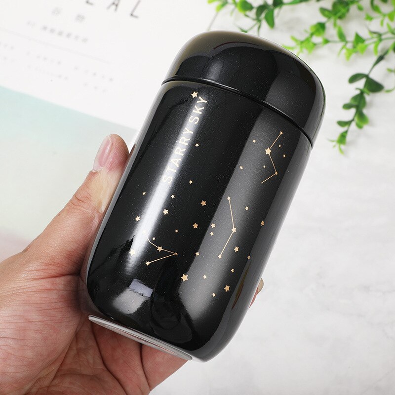 200ml Insulated Thermos Bottles Starry Sky Mini Small Capacity Leakproof Coffee Mug 304 Stainless Steel Vacuum Flask Couple: Black
