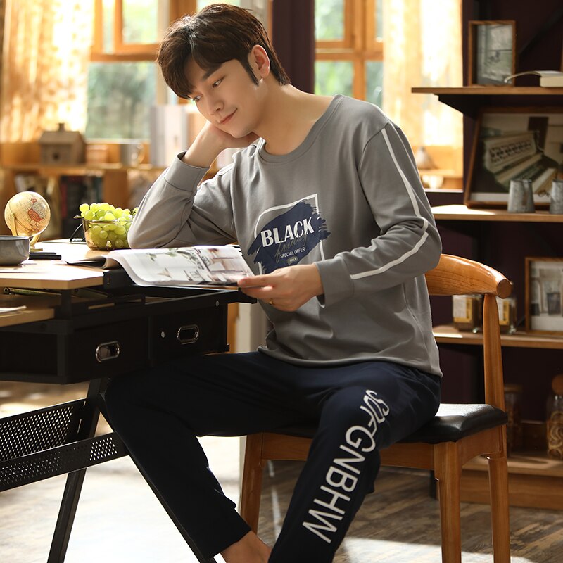 Brief Print Pyjama Mannelijke Herfst Pure Volledige Katoen Pyjama Set Voor Mannen Nachtkleding Pak Homewear Nachtkleding Lange Mouw Pijama Hombre