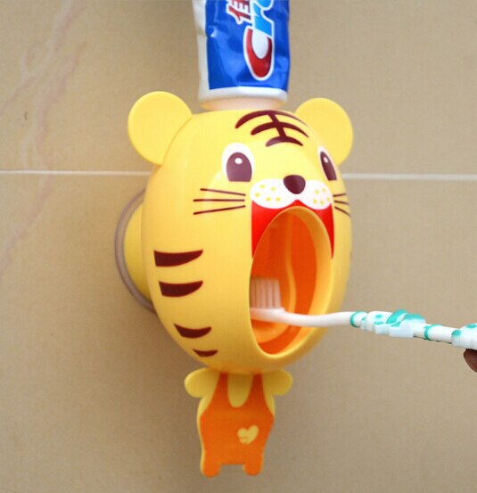 Cute Cartoon Plastic Automatic Toothpaste Dispenser Wall Mount Stand Bathroom: Yellow