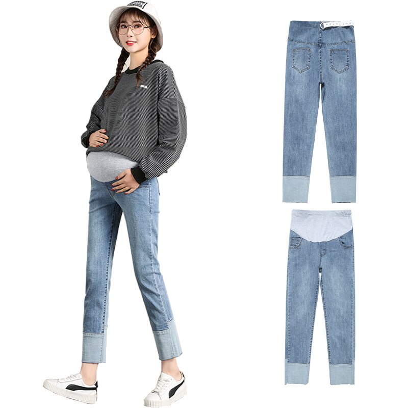 Gravidbyxor raka jeans gravidkläder 2 färger höghus nio tiondels byxor mammakläder 0296: Blå / L