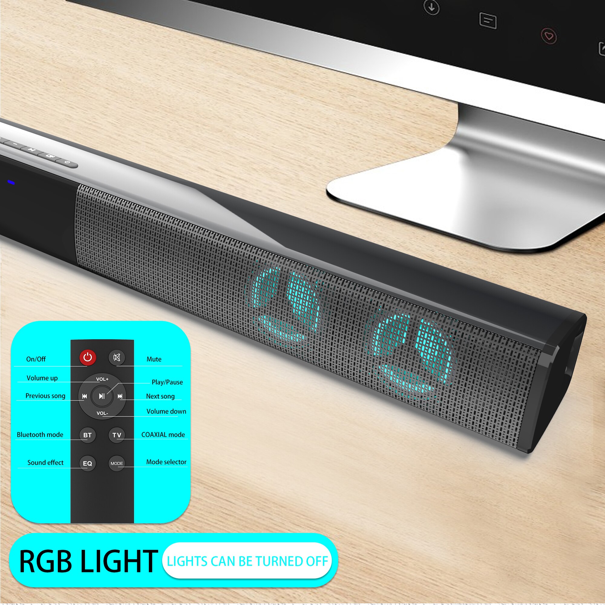 Faixa de som sem fio com bluetooth 2021, rgb, alto-falante, tv, computador, echo, parede, home theater, subwoofer, tira de som surround com cartão tf aux