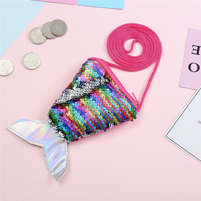 Kids Mermaid Tail Shape Sequins Mini Shoulder Bag Zipper Coin Purse: MULTI