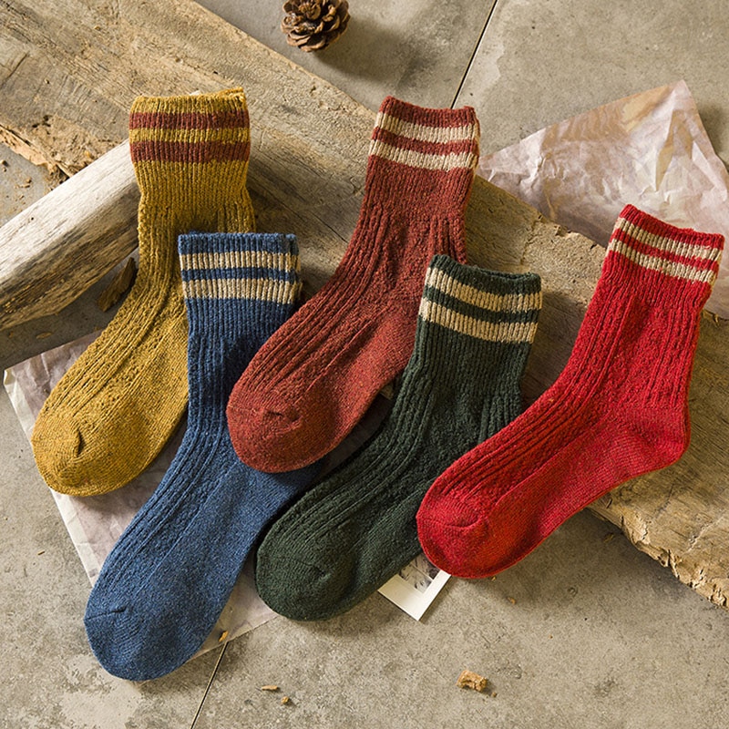 Vinter uldstrømper tykkere varme strikkede stribede damestrømper kvindelige korte sokker bomuld ankelsok calcetines