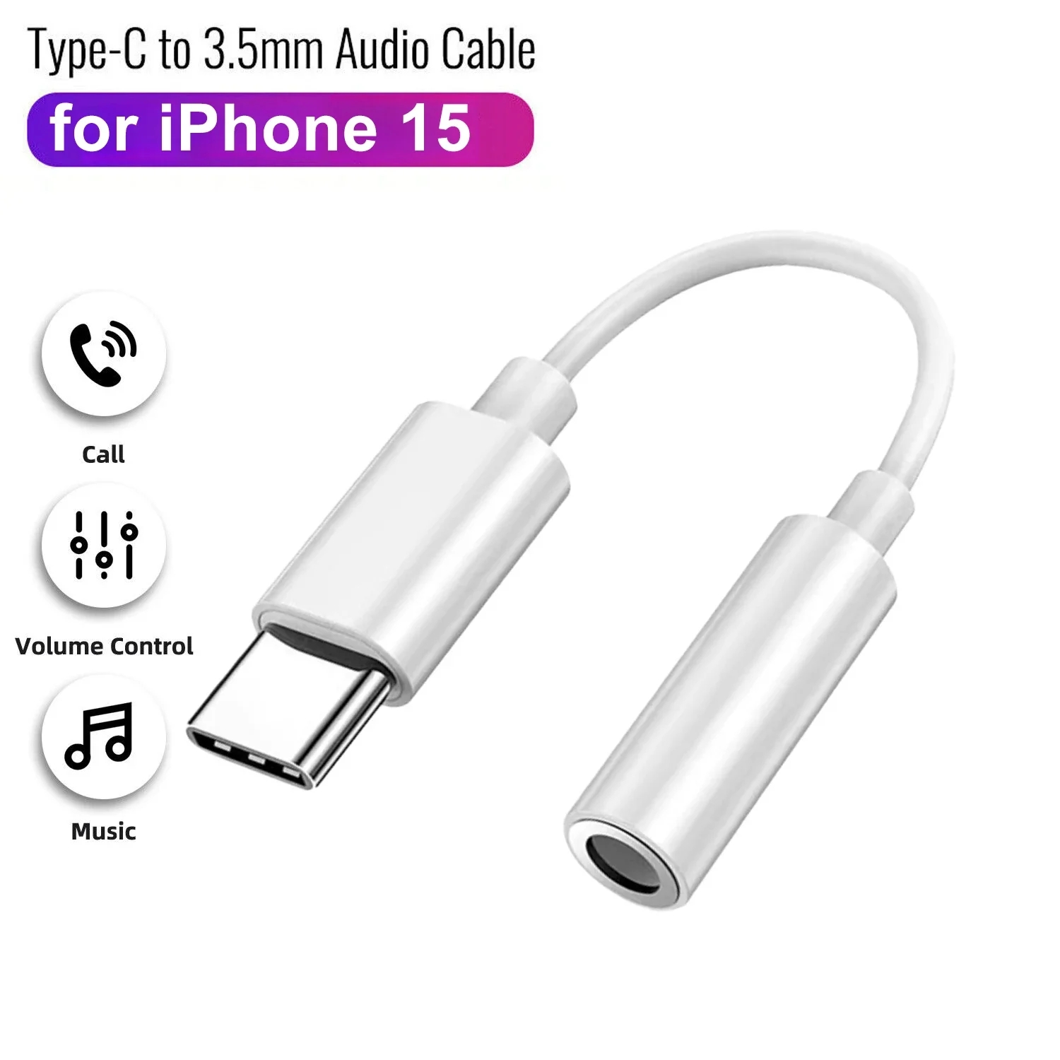 USB Type C naar 3,5 mm vrouwelijke hoofdtelefoonaansluiting Adapter USB C naar Aux-audiokabel Snoer voor iPhone 15 Plus 15 Pro Max iPad Pro MacBook: WIT
