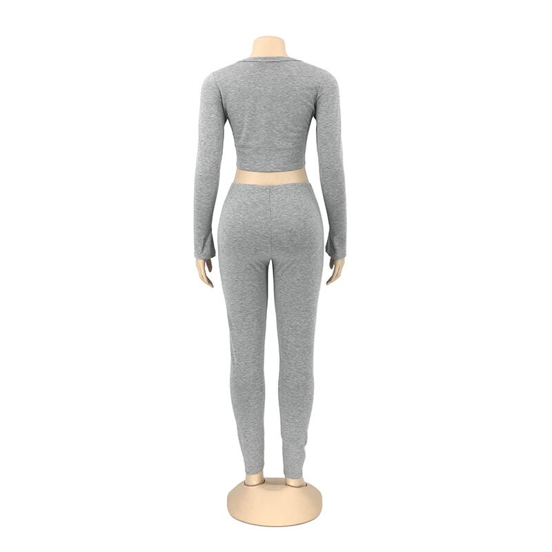 2 stuks effen strak zittend sportpak met lange mouwen voor dames, sexy v-hals, kort vestje, blote buik, stretch, slanke kokerbroek