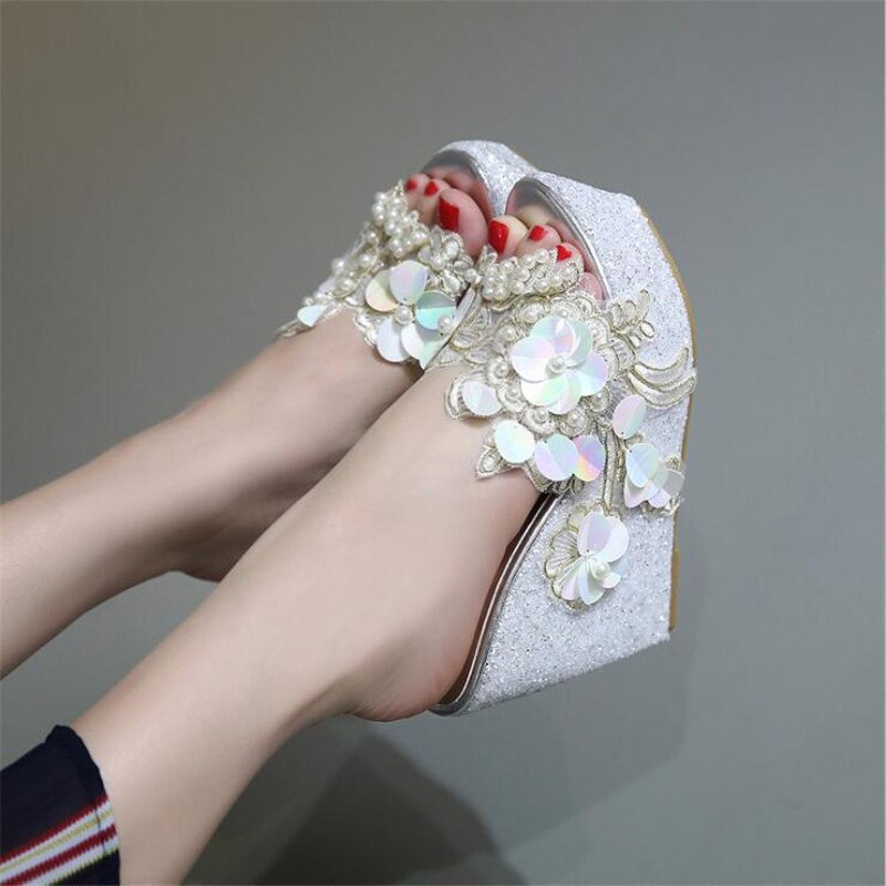 Zpxhsm zomer damesschoenen slippers zoete kralen bloemen hoge hakken mooie strass pumps casual schoenen  y191