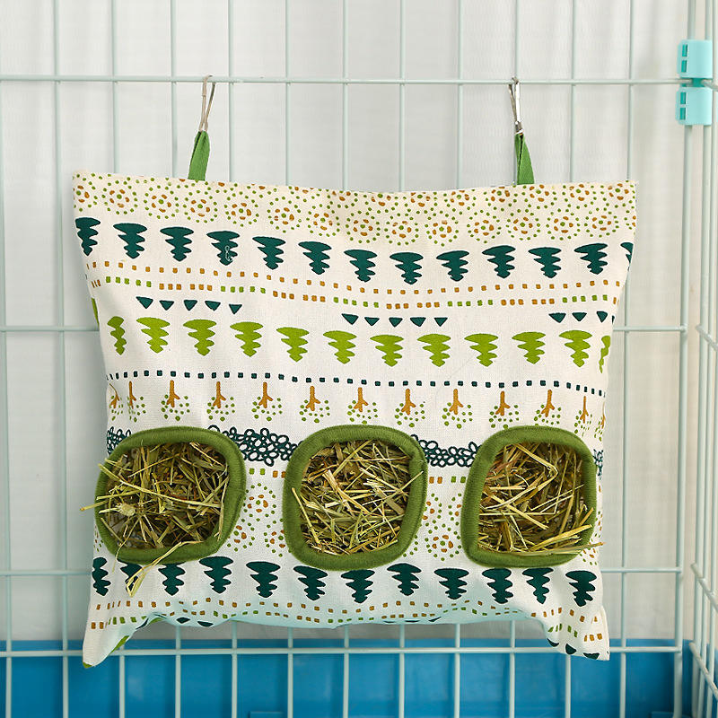 Bolsa de alimentación suspendida, bolsa de heno para mascotas, para cerdos indios, comedero para animales pequeños, conejo, dispensador de alimentos con 3 agujeros, bolsa, accesorios para jaulas