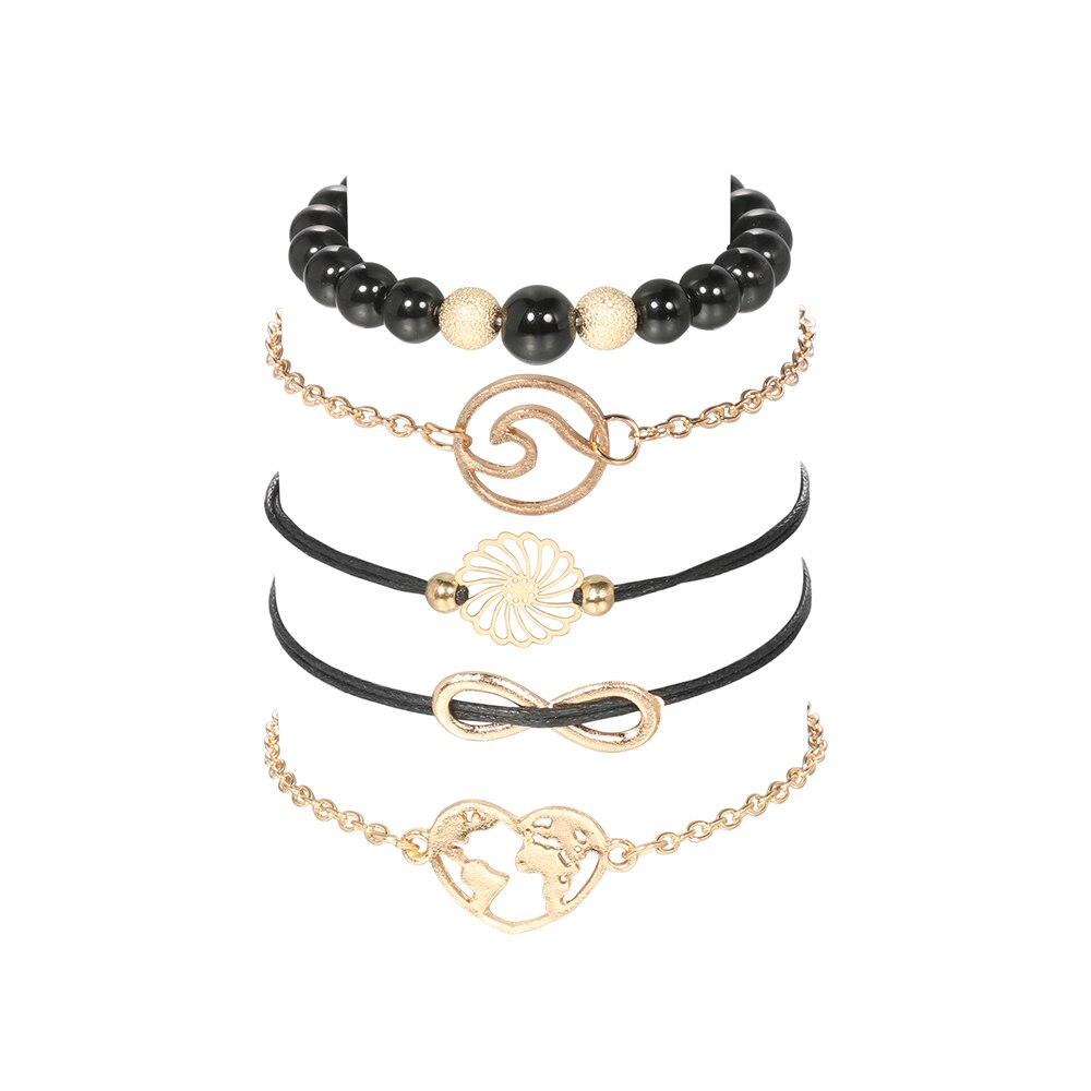 5 Pz/impostato Boho Cuore Mappa Cavità Del Fiore Del Branello A più Strati Del Braccialetto per Le Donne Catena Braccialetto Squisito Bracciale A Catena in Oro impostato