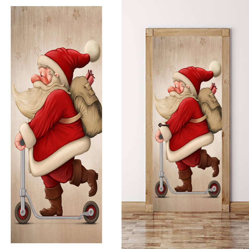 Santa Claus Christmas 3D Door Stickers Pvc Waterproof Art Renovation Waterproof Wallpaper Home Decor Print Picture for Bedroom