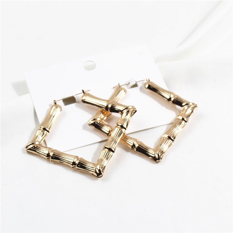 Hip Hop Gold Color Metal Large Square Bamboo Earrings Big Circle Bamboo Joint Hoop Earrings For Women Jewelry Party
