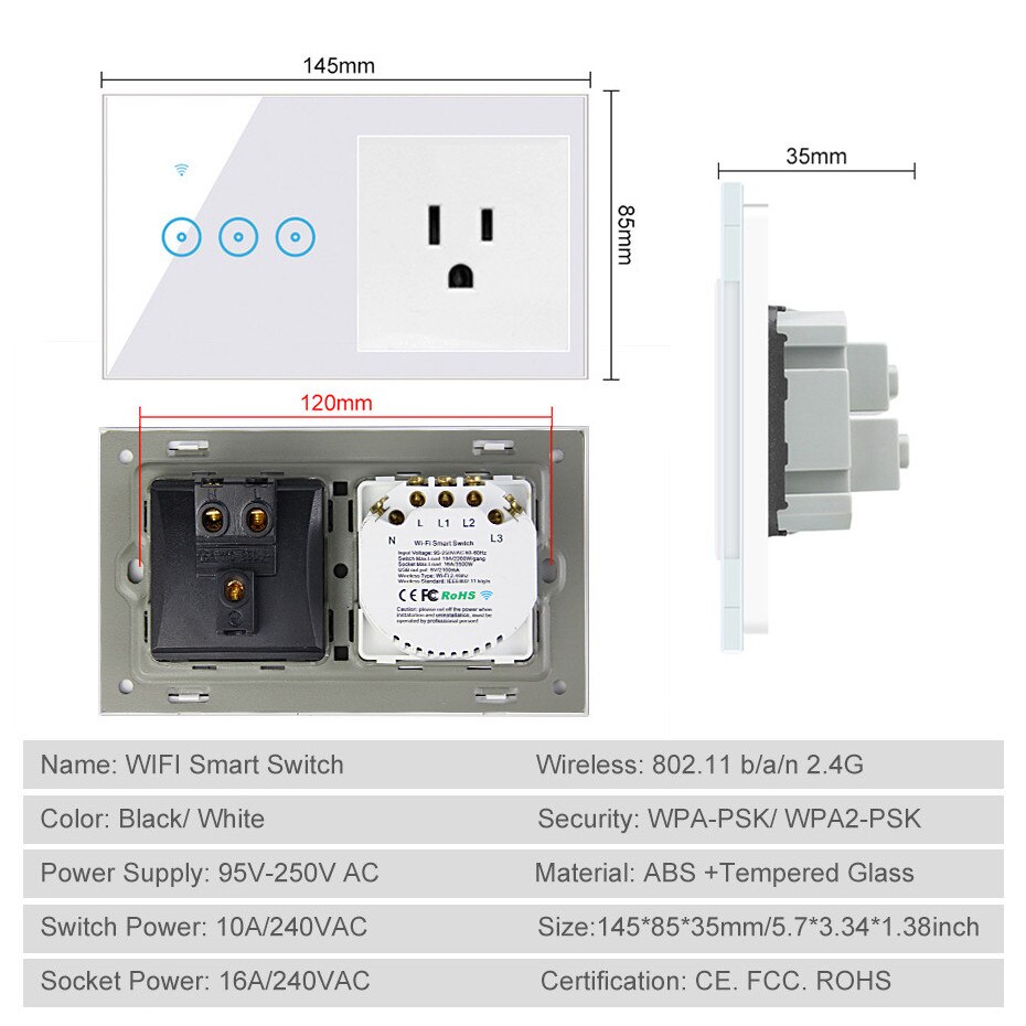 Tuya Smart Life Electrical Socket and Switch WiFi LED Light Touch Wall Switch 3 gang and US Socket Compatible Alexa Google Home