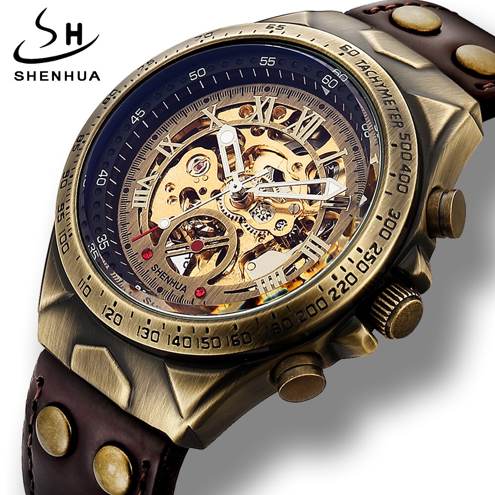 Automatische Mechanische Horloges Mannen Lederen Band Retro Skeleton Steampunk Polshorloge Zelf Wind Top Relogio Masculino